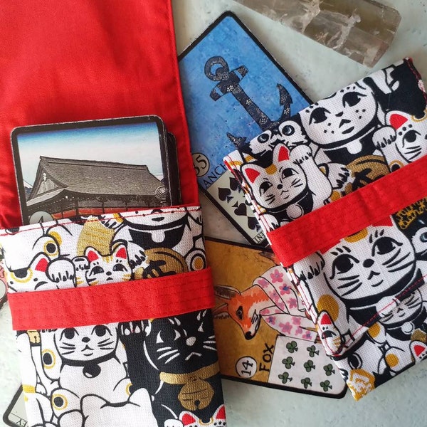 Japanese Maneki Neko Lucky Fortune Cat Lenormand Bag Foldover Playing Card Pouch Loves your Cards Gift for Spiritual friend