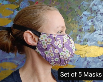 Bulk 5 x Cloth Face Masks Triple layer 100% cotton, Nose wire, filter pocket, Australian Tasmanian made