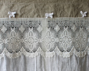 Panel curtain real linen with lace country house shabby chic vintage curtain white custom-made possible