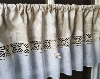 Country house curtains made to measure linen with lace shabby chic vintage beige rose pattern and white