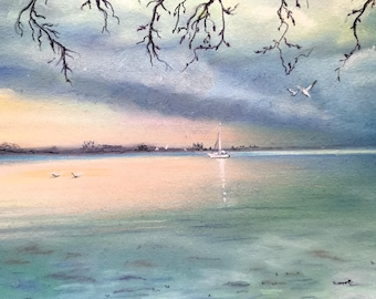 Original pastel painting, Baltic Sea, Wismar, seascape, calm lake, vintage art, picture, 31 x 37 cm