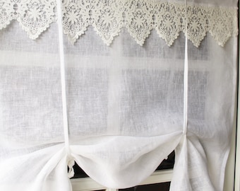 Curtain panel curtain real linen with lace country house shabby chic vintage curtain white 110 cm high/width 85 cm without ribbons