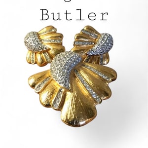 Signed Butler Rhinestone Gold Tone Demi Parure Brooch Pin