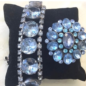 Vintage Blue Rhinestones Bracelet and brooch  ,Retro Costume Statement Crystal Jewelry