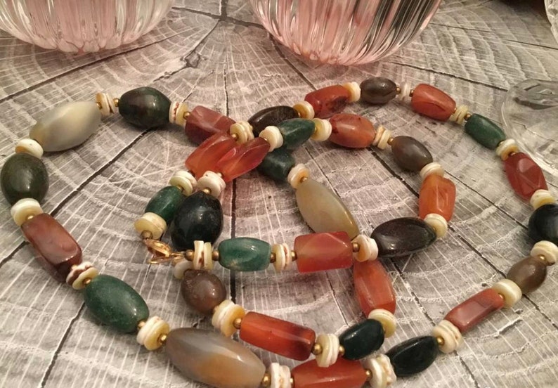 Natural Agate Stone Necklace Vintage Long Agate Necklace Multi Color Natural Agate Jewelry Gemstone Necklace Vintage Jewelry