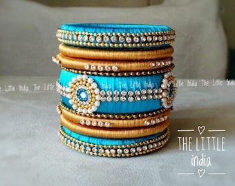 Silk Thread bangles • Indian Wedding Party Wear • Hand Made • Bridal Bridesmaid Bangles • Light Blue & Gold • Indian Festive Gift • SKU012
