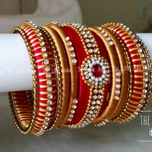 Handmade Silk Thread Bangles • Full Set of 22 Bangles for Both Hands • Red & Gold • Bridal Wedding Jewelry • Asian Wedding Bangles • SKU010