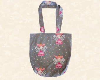 Stoffbeutel Einkaufstasche grau rosa fuchsia mit Fee gefüttert Shoppingbag Baumwolltasche Tasche