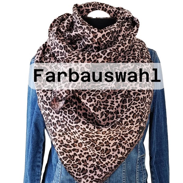 Musselintuch Leo Damen – XXL Dreieckstuch aus Baumwolle – Leopard Muster Schal – großes Halstuch – viele Farben – Handmade Geschenk