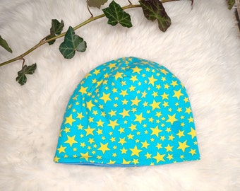 Beanie Mütze blau mit gelben Sternen, blau gefüttert KU 47-49 cm Handmade Junge Mädchen