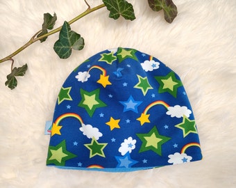 Beanie Mütze Sterne Regenbogen blau grün bunt gefüttert KU 47-49 cm