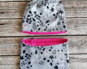 Beanie Mütze Loop Set silber Hase Häschen grau pink gefüttert KU 53-55 cm