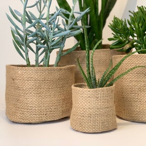 Altered upcycled hessian pot plant holders / hessian coffee sack planters / pattern and plain plant pot baskets image 1