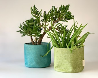 Eco friendly upcycled fabric pot plant cover green and turquoise / decorative plant pot cover / indoor planters