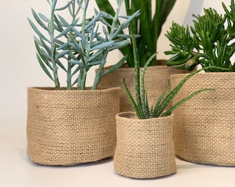 Altered upcycled hessian pot plant holders / hessian coffee sack planters /  pattern and plain plant pot baskets