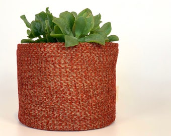 Eco friendly upcycled red and beige fabric plant pot / small plant basket