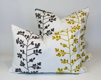 Eco friendly upcycled white yellow and grey embroidered climbing leaves cushion cover / decorative throw pillow