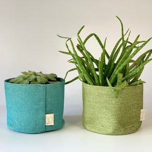 Eco friendly upcycled fabric pot plant cover green and turquoise / decorative plant pot cover / indoor planters image 4