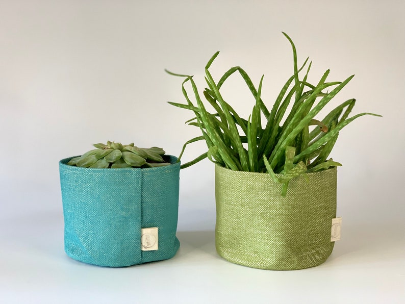 Eco friendly upcycled fabric pot plant cover green and turquoise / decorative plant pot cover / indoor planters image 4