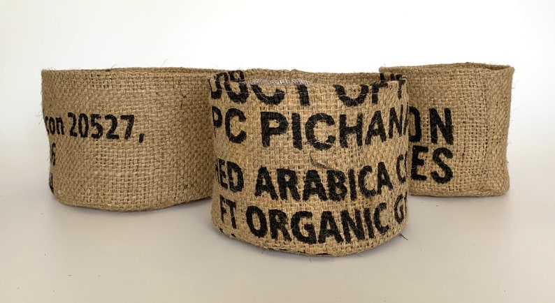 Altered upcycled hessian pot plant holders / hessian coffee sack planters / pattern and plain plant pot baskets image 8