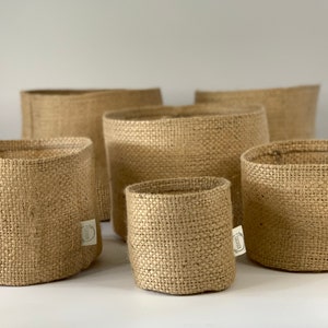 Altered upcycled hessian pot plant holders / hessian coffee sack planters / pattern and plain plant pot baskets image 4