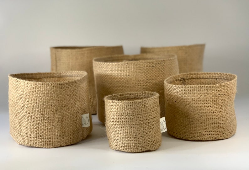 Altered upcycled hessian pot plant holders / hessian coffee sack planters / pattern and plain plant pot baskets image 4