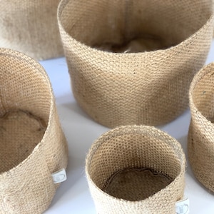 Altered upcycled hessian pot plant holders / hessian coffee sack planters / pattern and plain plant pot baskets image 6