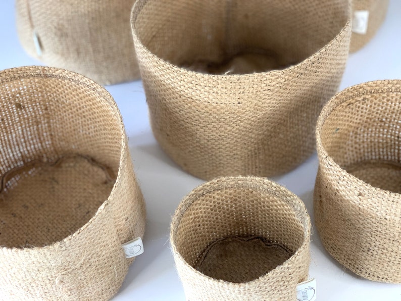 Altered upcycled hessian pot plant holders / hessian coffee sack planters / pattern and plain plant pot baskets image 6