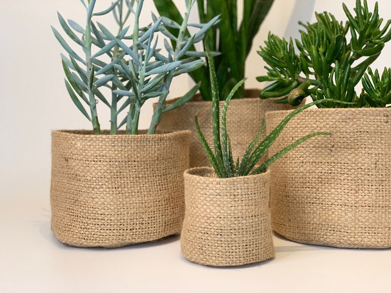 Altered upcycled hessian pot plant holders / hessian coffee sack planters / pattern and plain plant pot baskets image 1