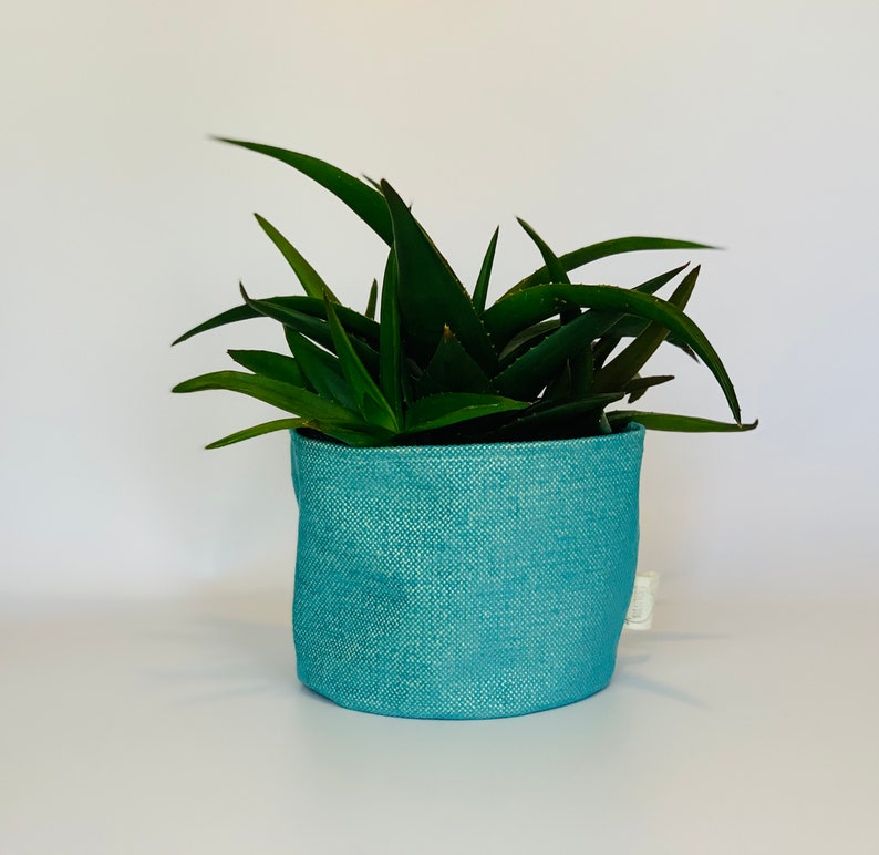 Eco friendly upcycled fabric pot plant cover green and turquoise / decorative plant pot cover / indoor planters image 6