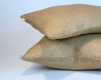 Eco friendly upcycled plain hessian cushion covers light and dark brown hessian scatters / rustic decorative cushions