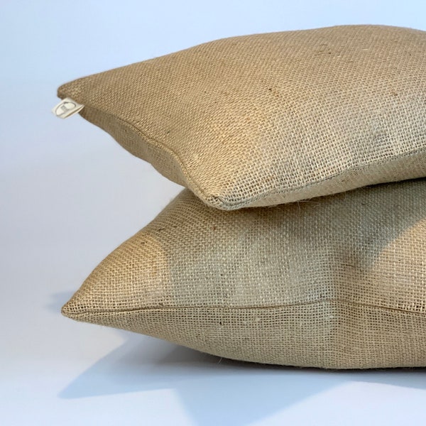 Eco friendly upcycled plain hessian cushion covers light and dark brown hessian scatters / rustic decorative cushions