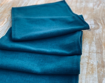 Eco friendly upcycled teal brushed cotton table runner