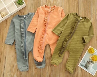 Jacinth Zipper Footie, 0-3 Months Newborn Infant Baby Girl Ribbed Footie Footed Pajamas Sleeper Ruffle Romper Jumpsuit Coming Home Outfits Clothes