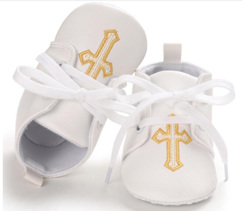 Baby Boy Baptism Crib Shoes Booties White Christening Cross Etsy