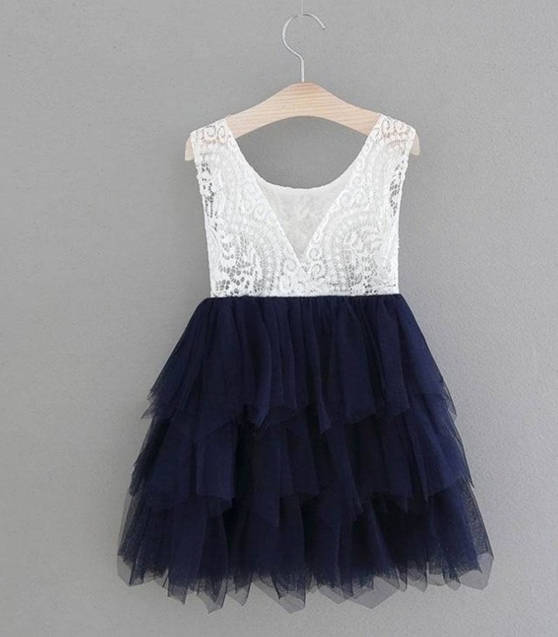 Navy Blue Flower Girl Dress Beaded Bohemian Style Ruffles Etsy