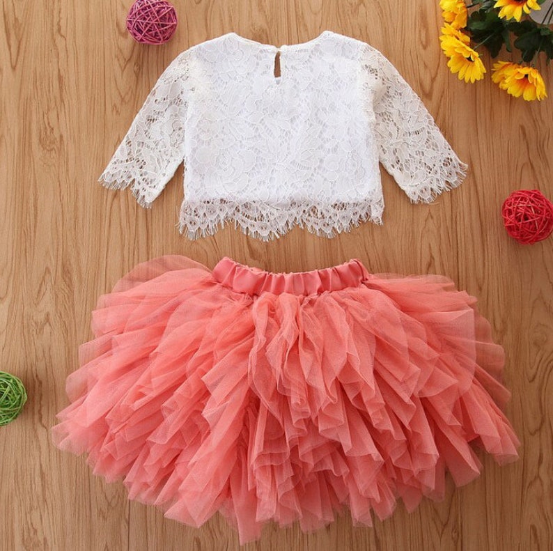 White Lace Infant Flower Girl Dress Coral Tulle Wedding Gown Etsy