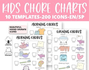 Kids Chore Chart Bundle, Toddler Learning Tool, Kids Routine, Weekly Planner, Daily Tasks, English, Spanish, NOT-Editable, PCK06