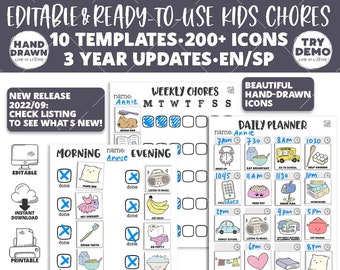 EDITABLE Kids Chores Bundle, Kids Daily Tasks, Toddler Routine, School Checklist, Weekly Planner, Morning,Evening, English, Spanish, PCK01