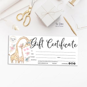 Kids Boutique Gift Certificate, Children's Clothing Coupons, Baby Business Gifts, Giraffe, Editable, Printable, CJ040-01v1-CRT