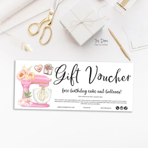 Bakery Gift Voucher, Bakery Coupon, Baking Gift Card, Pastry Shop, Sweets Insert, Kitchen Mixer, Printable, Pink, CJ001-01v1-VCH-FEA