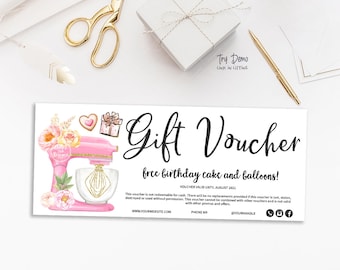Bakery Gift Voucher, Bakery Coupon, Baking Gift Card, Pastry Shop, Sweets Insert, Kitchen Mixer, Printable, Pink, CJ001-01v1-VCH-FEA