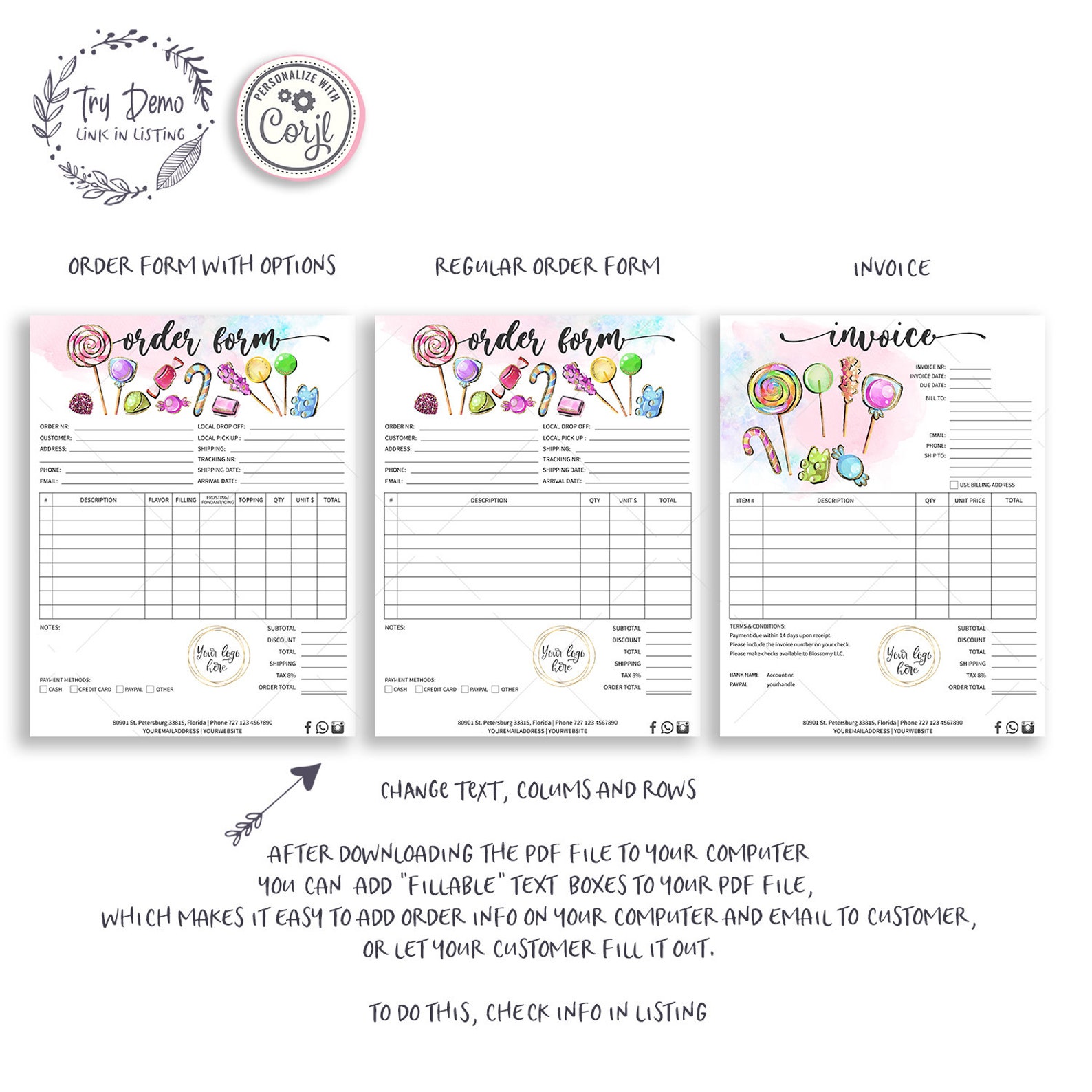 Editable Candy Maker Invoice Bakery Order Form Lollipop | Etsy