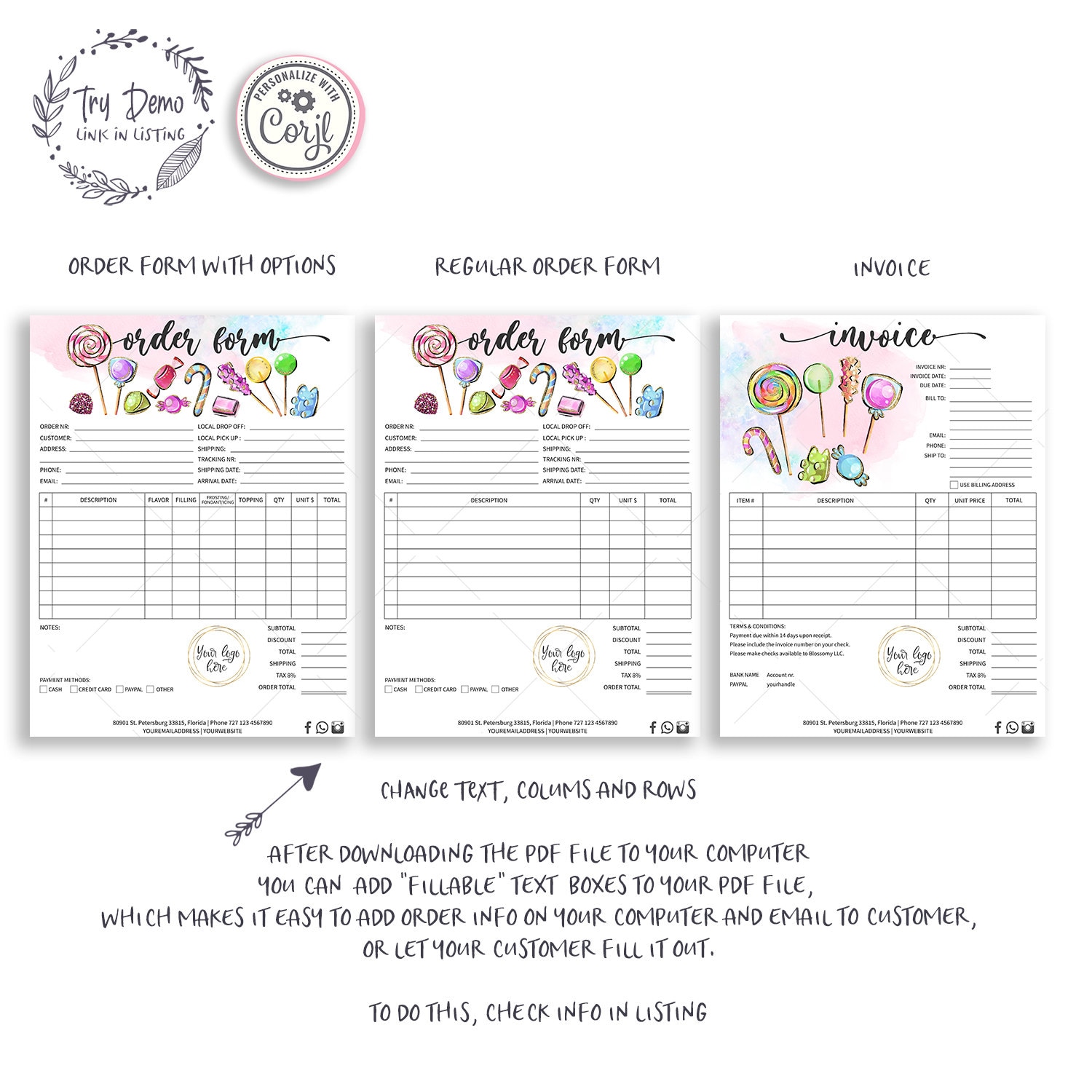 Editable Candy Maker Invoice Bakery Order Form Lollipop Etsy