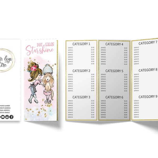 Dog Salon Price List, Beauty Events Tri-Fold Price Menu Card, Editable, Printable, Brown, CJ015-01v1-fw-PRCT