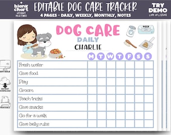 Dog Care Printable Planner, Dog Care Tracker, Puppy Feeding Schedule, Pet Chores Chart, Cute Kids Chores Chart, Editable, Corjl, PCK02