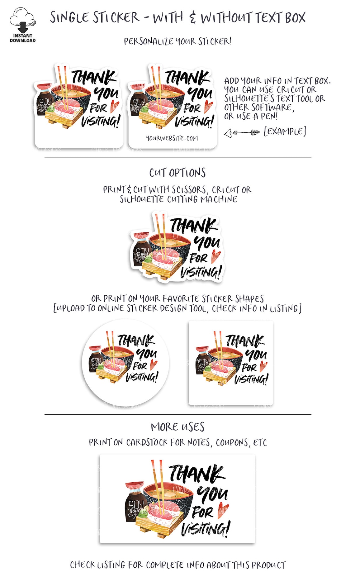 Sushi Thank You Sticker Japanese Food Stickers Sashimi Thank - Etsy