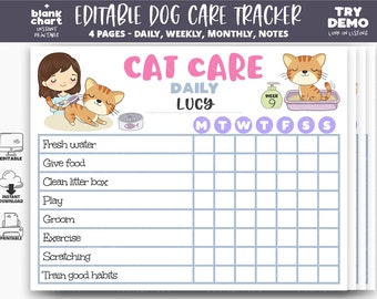 Cat Care Printable Planner, Cat Tracker, Kitten Feeding Schedule, Pet Chores Chart, Cute Kids Chores Chart, Edit with Corjl, Editable, PCK02