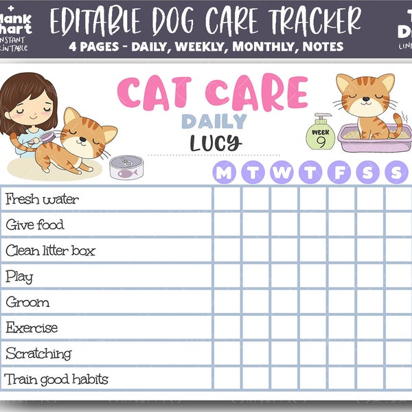 Cat Care Printable Planner, Cat Tracker, Kitten Feeding Schedule, Pet Chores Chart, Cute Kids Chores Chart, Edit with Corjl, Editable, PCK02