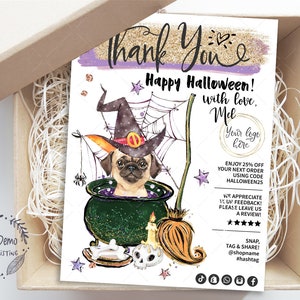 Dog Bakery Halloween Business Insert, Pug Thank You Card, Pet Salon Packaging Seal, Catering, Baking, Editable, CJ223-02v1-ISRV